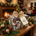 Vintage horse Christmas wrapping paper with gold bow by a cozy fireplace, by Wrapped Studios.