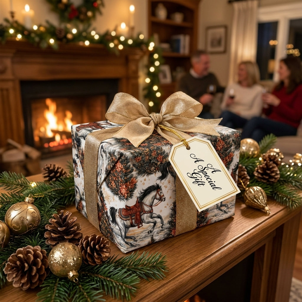 Vintage horse Christmas wrapping paper with gold bow by a cozy fireplace, by Wrapped Studios.