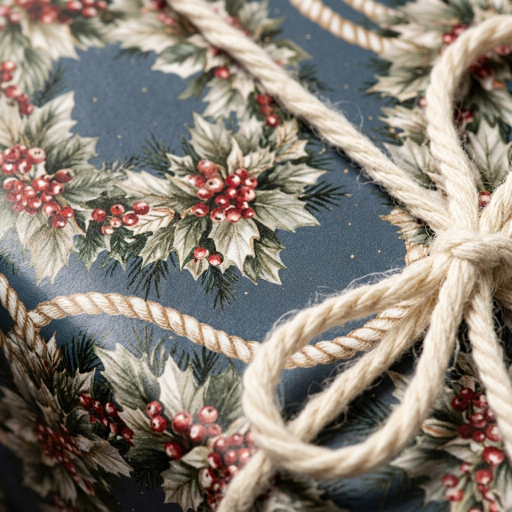 Navy Christmas wrapping paper with holly and berries, tied with a rustic rope bow by Wrapped Studios.