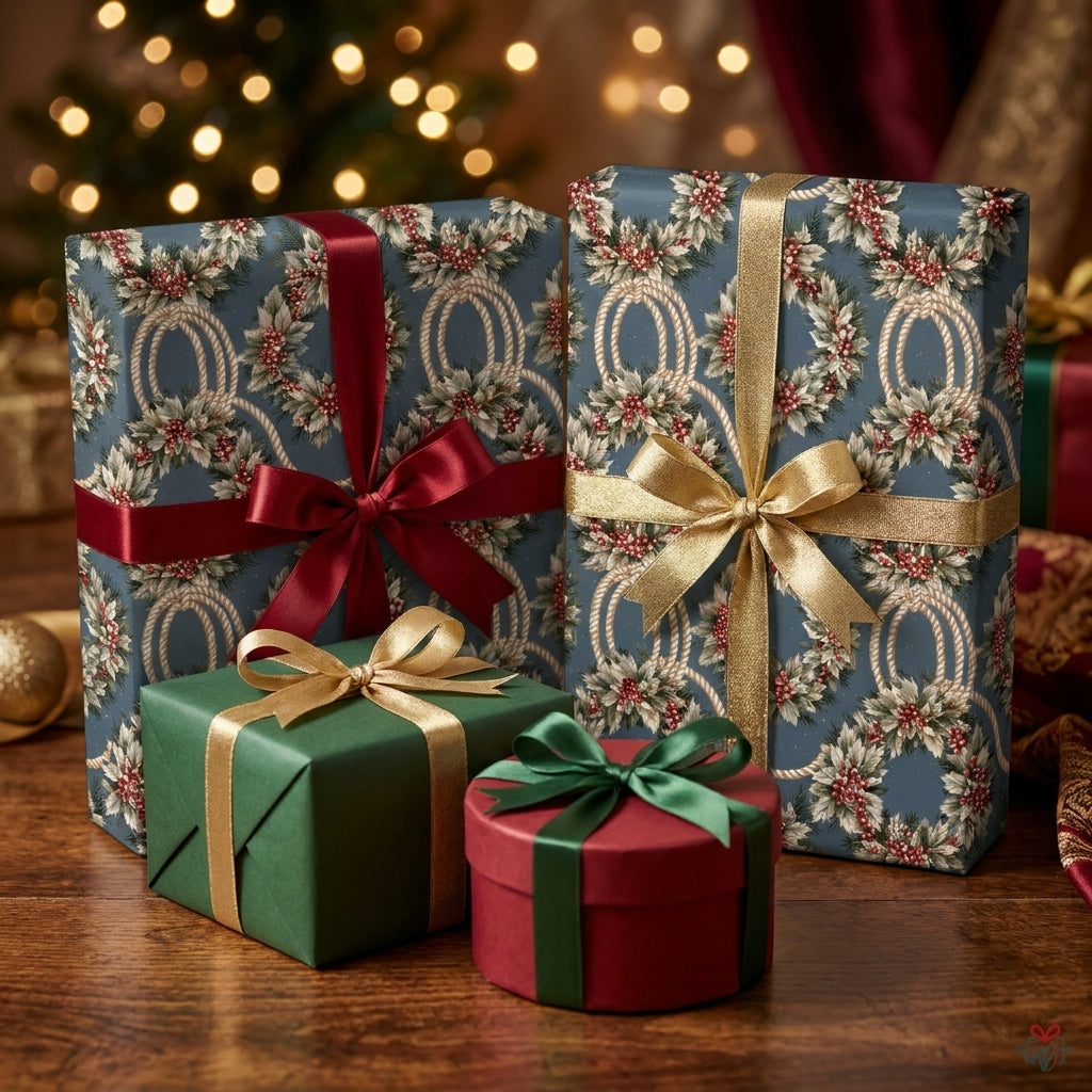Blue luxury Christmas wrapping paper with a vintage holly wreath pattern on holiday gifts by Wrapped Studios.