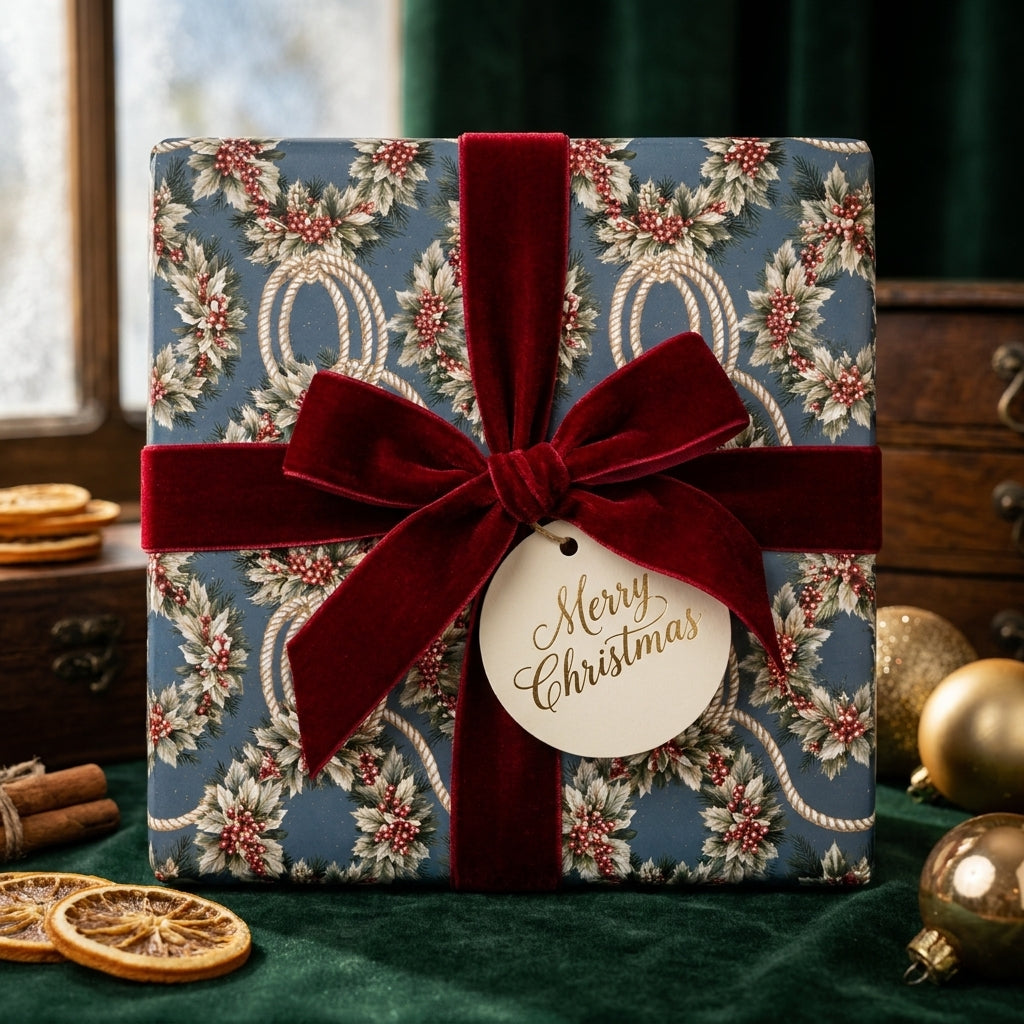 Luxury Christmas gift wrap with blue vintage holly pattern and red velvet bow by Wrapped Studios.