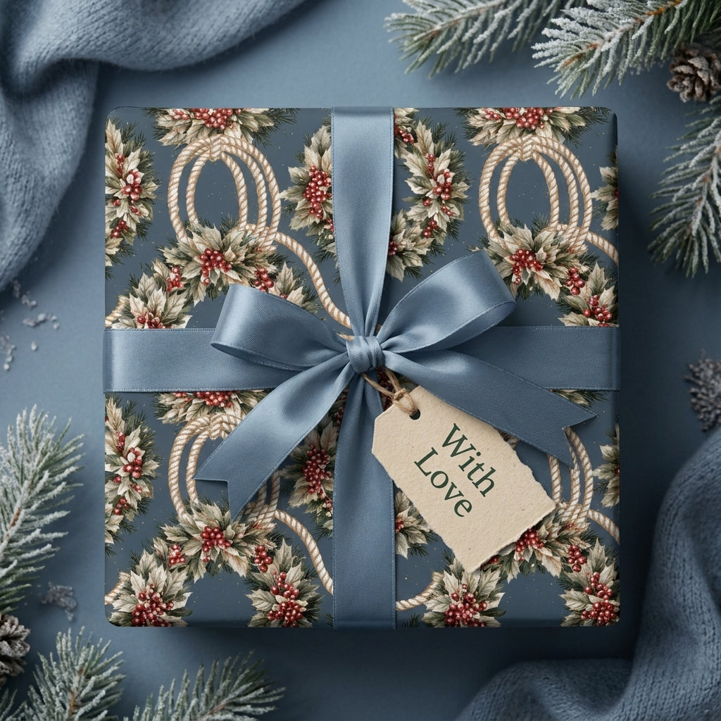 Luxury Christmas wrapping paper with vintage wreath pattern and blue satin bow by Wrapped Studios.