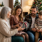 Family exchanging a gift in vintage blue floral Christmas wrapping paper by Wrapped Studios.