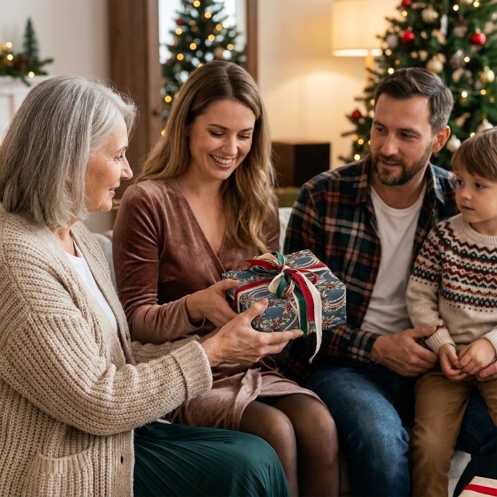 Family exchanging a gift in vintage blue floral Christmas wrapping paper by Wrapped Studios.
