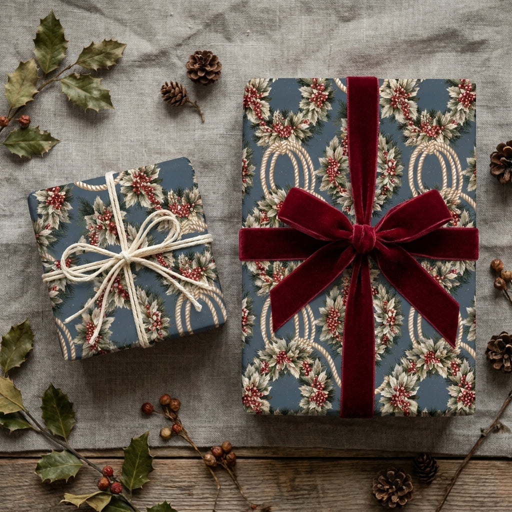 Luxury Christmas wrapping paper with blue holiday wreath pattern and velvet ribbon by Wrapped Studios.