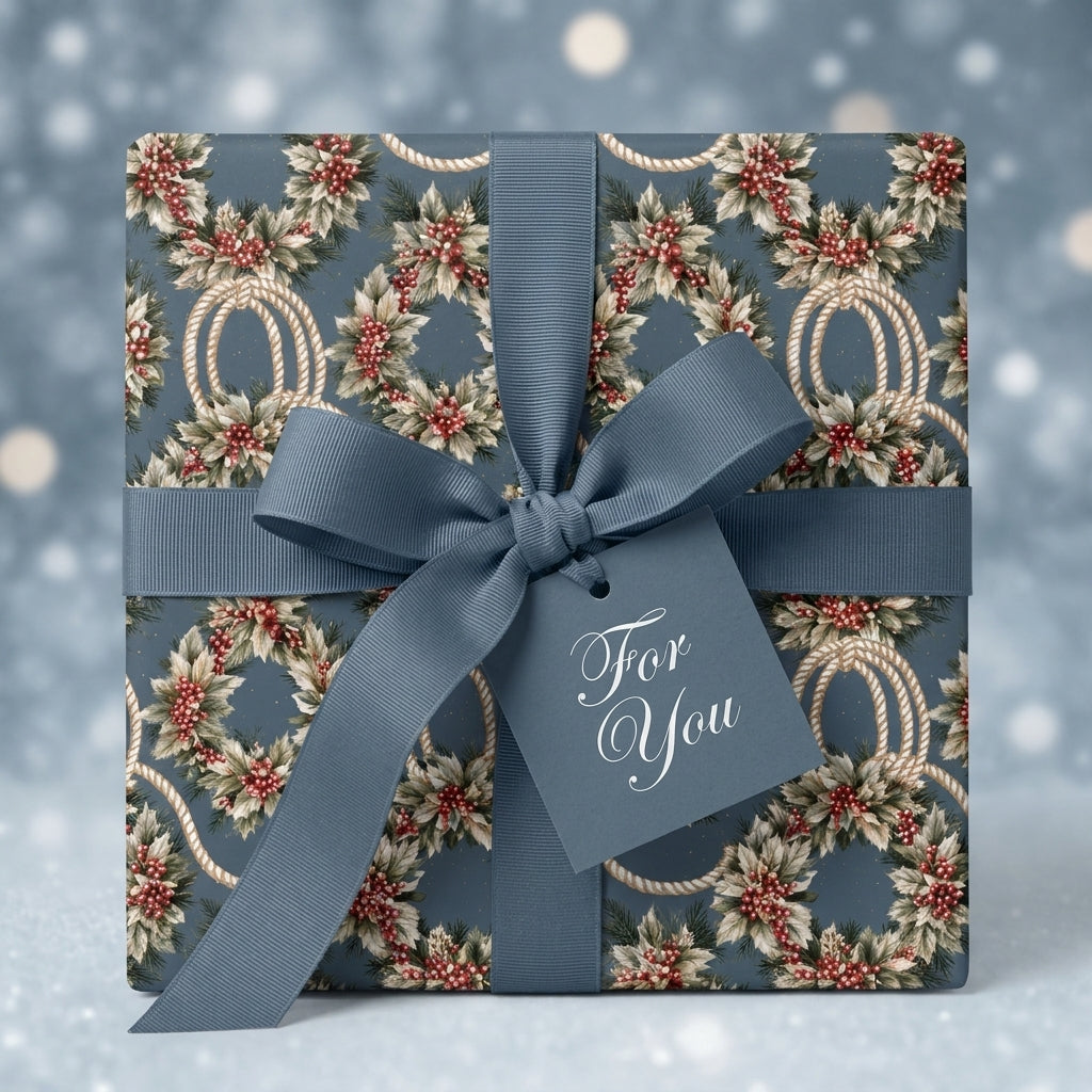 Luxury blue Christmas wrapping paper with holly wreath print and matching bow, Wrapped Studios.