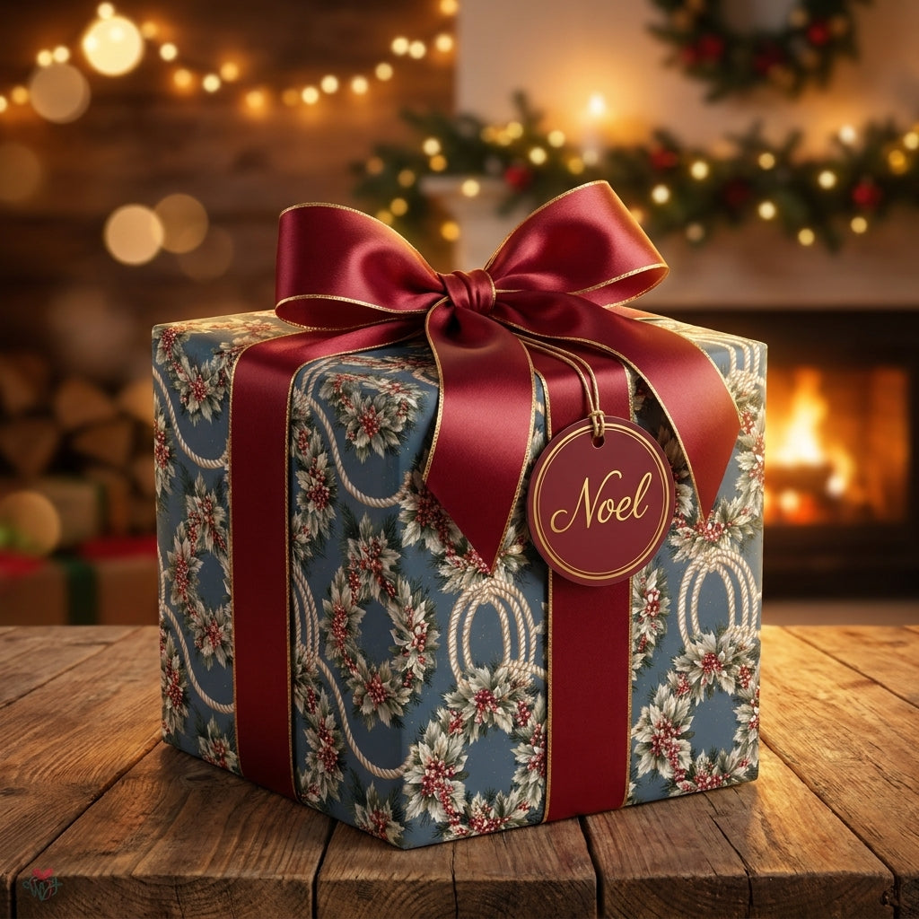 Luxury Christmas wrapping paper with vintage wreath design and a red satin bow by Wrapped Studios.