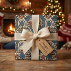 Blue vintage Christmas wrapping paper with wreath pattern and burlap bow by Wrapped Studios.