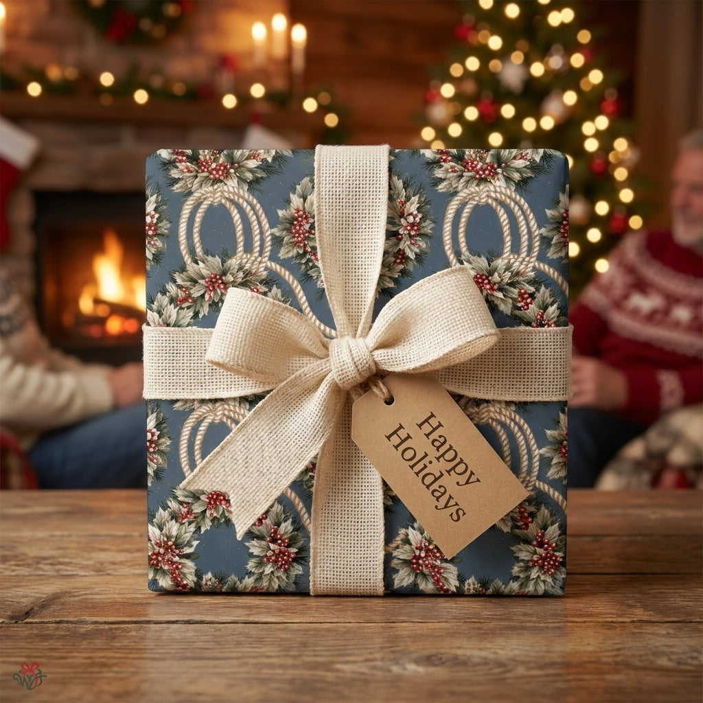 Blue vintage Christmas wrapping paper with wreath pattern and burlap bow by Wrapped Studios.