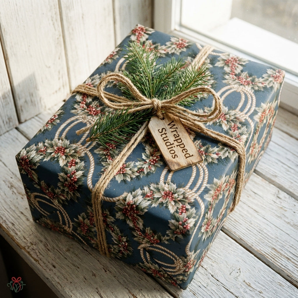 Navy blue Christmas gift wrap by Wrapped Studios with vintage holly print, tied with rustic twine and pine.