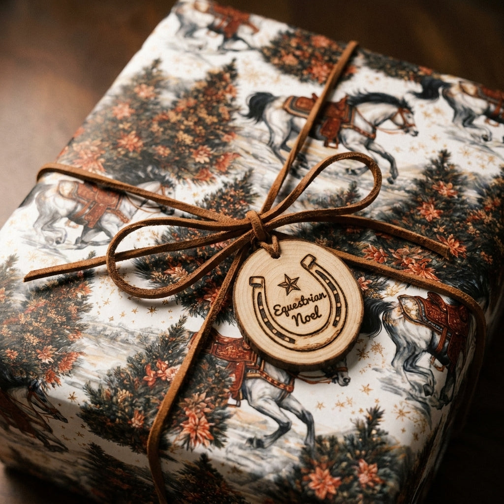 Equestrian Christmas gift wrap with vintage horses and a rustic wooden tag, by Wrapped Studios.