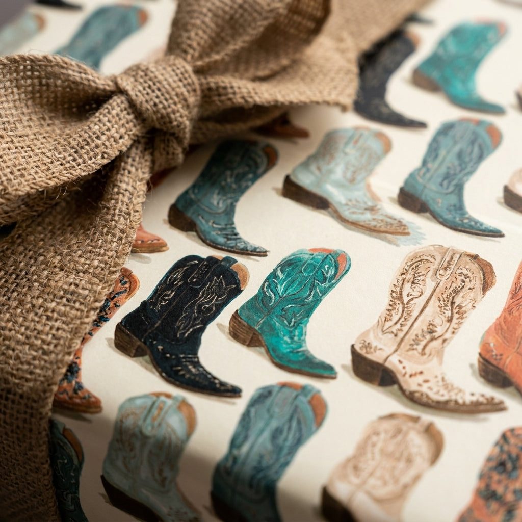 Teal and cream western cowboy boot wrapping paper with a rustic burlap bow by Wrapped Studios.