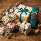 Western cowboy boot wrapping paper on gift boxes with velvet ribbons on a rustic table by Wrapped Studios.
