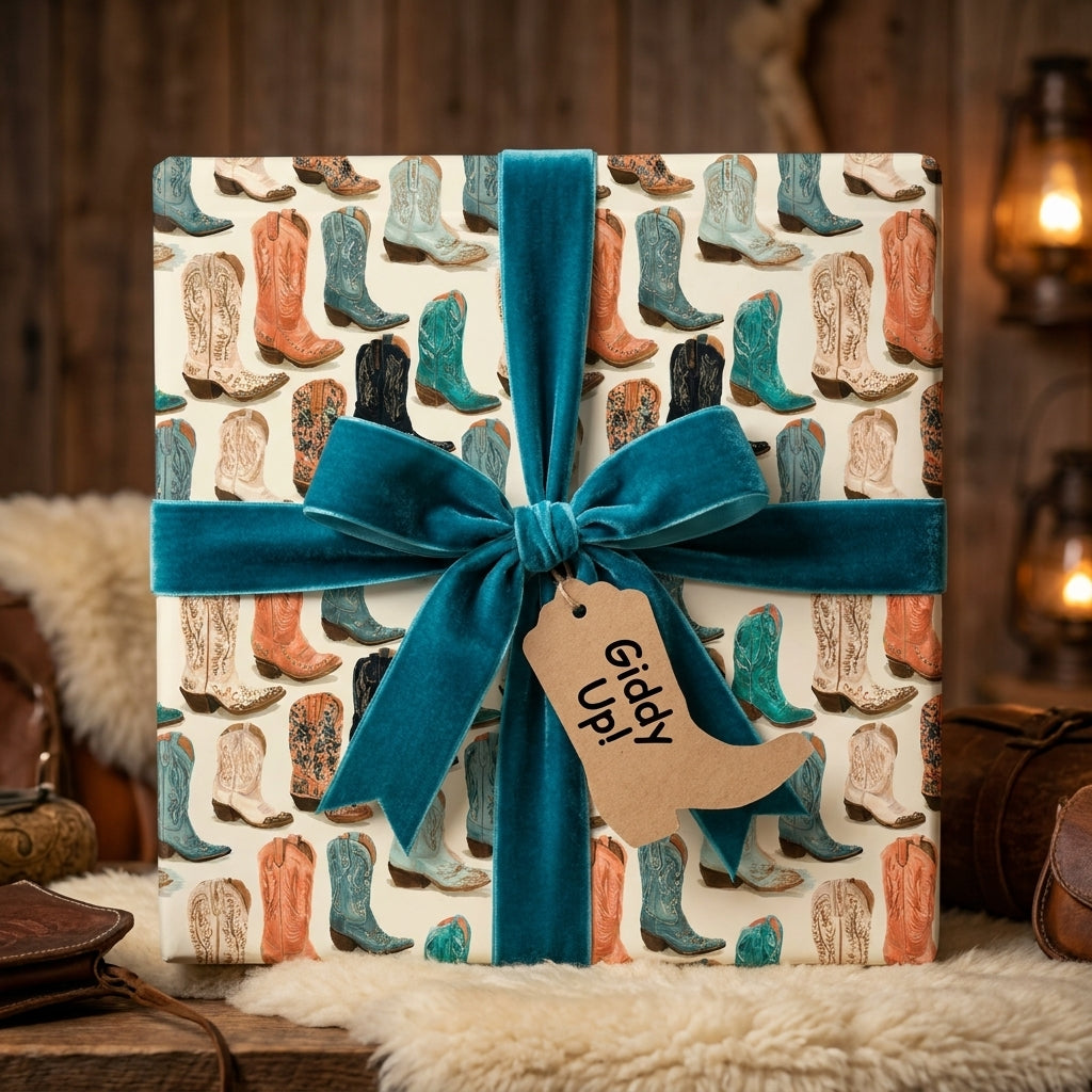Rustic cowboy boot wrapping paper with teal velvet bow for western gifts by Wrapped Studios.