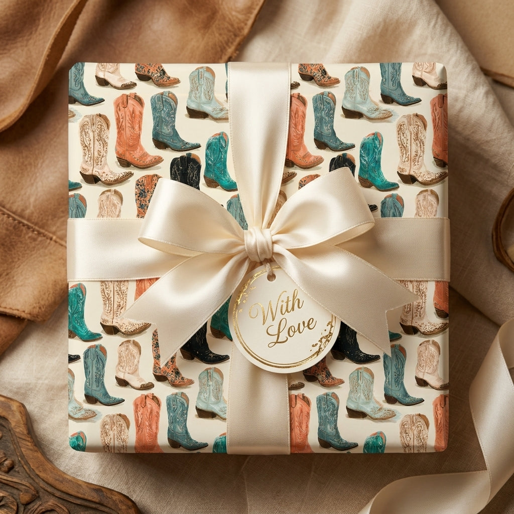 Western cowboy boot wrapping paper in teal and coral with a cream satin ribbon by Wrapped Studios.