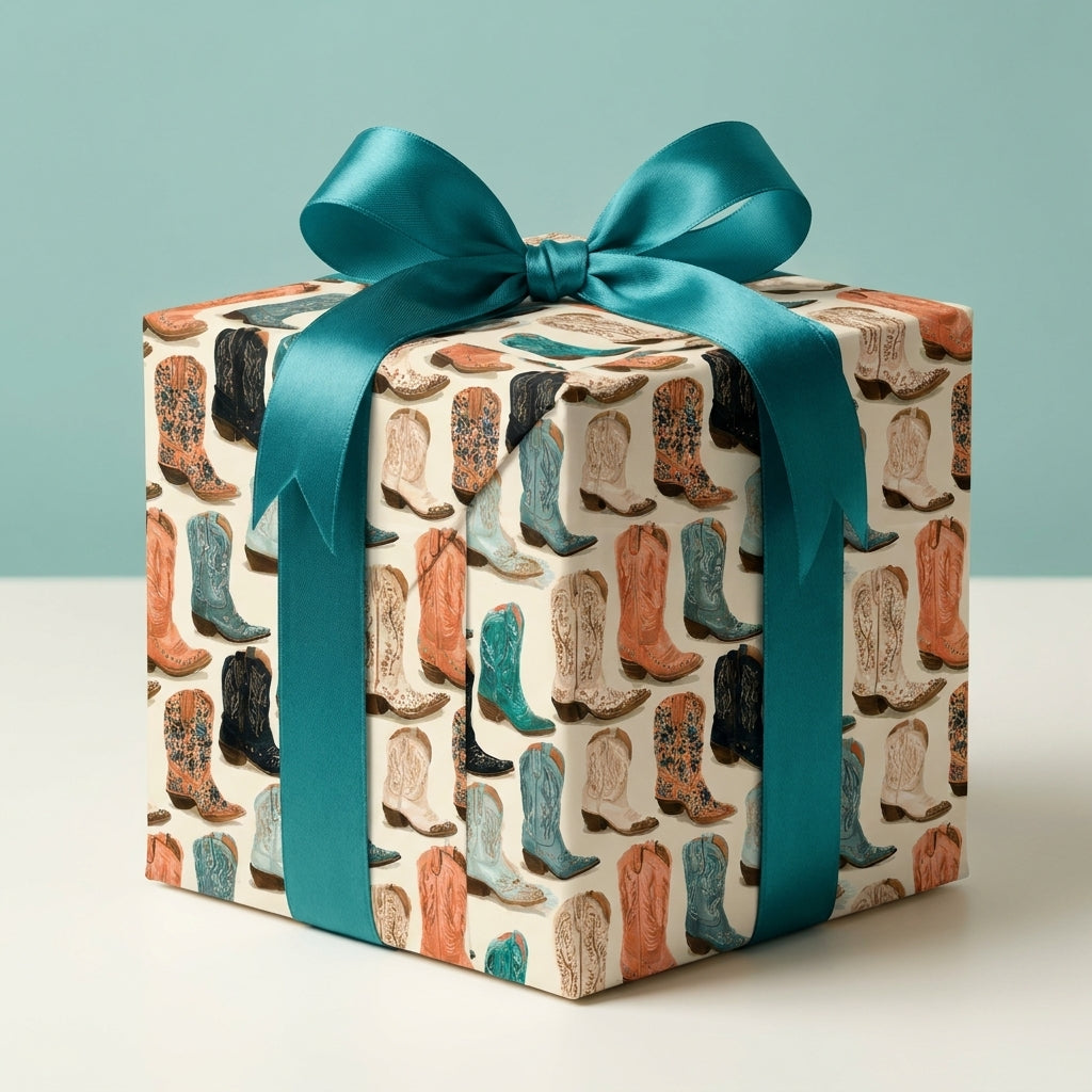Cowboy boot wrapping paper with teal satin bow, rustic western gift wrap by Wrapped Studios.