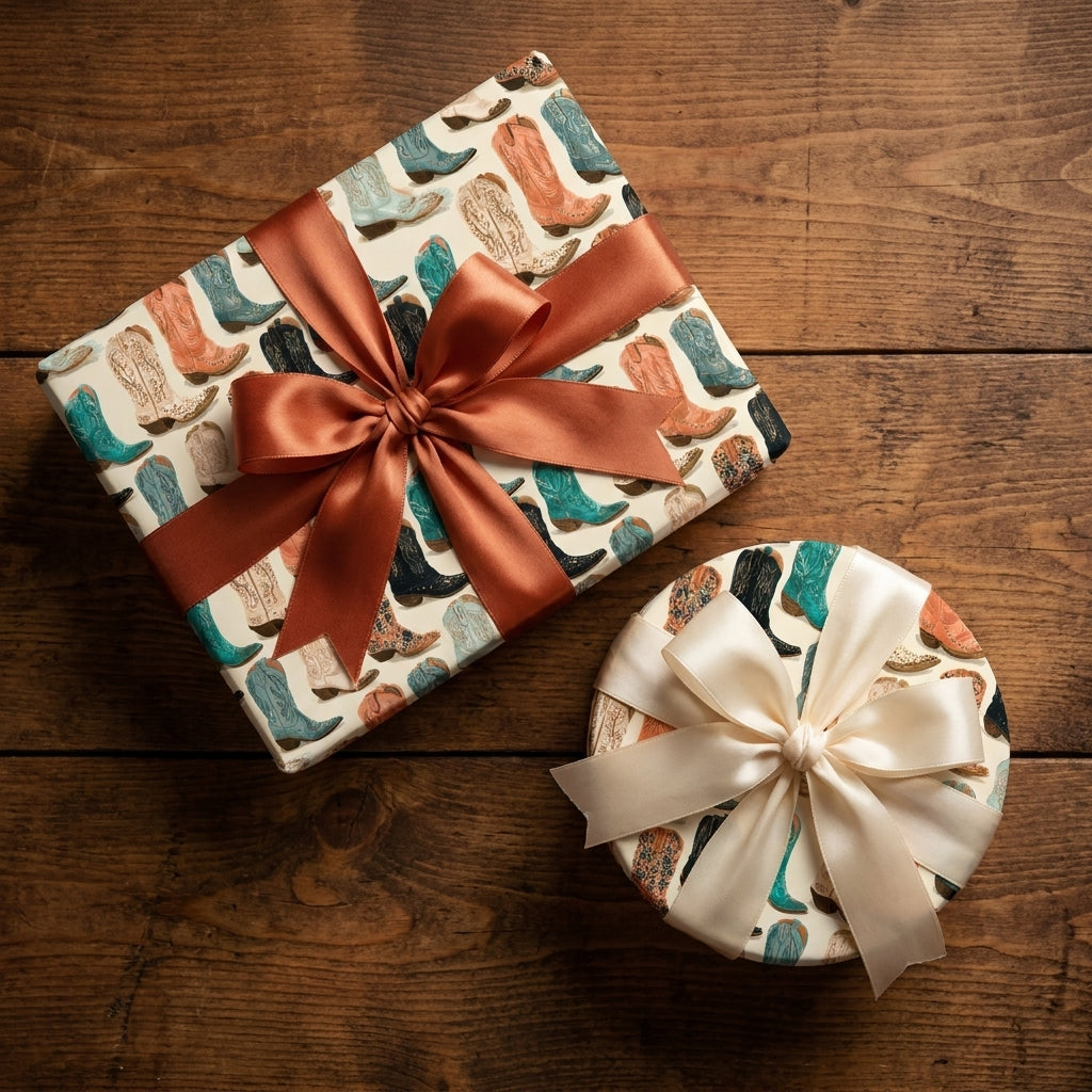 Western cowboy boot wrapping paper on round and square gifts with satin bows by Wrapped Studios.