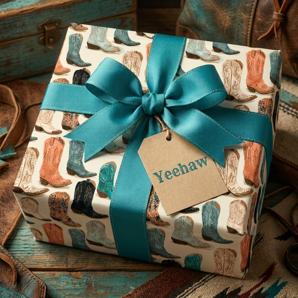 Western cowboy boot wrapping paper with teal ribbon and Yeehaw tag by Wrapped Studios.