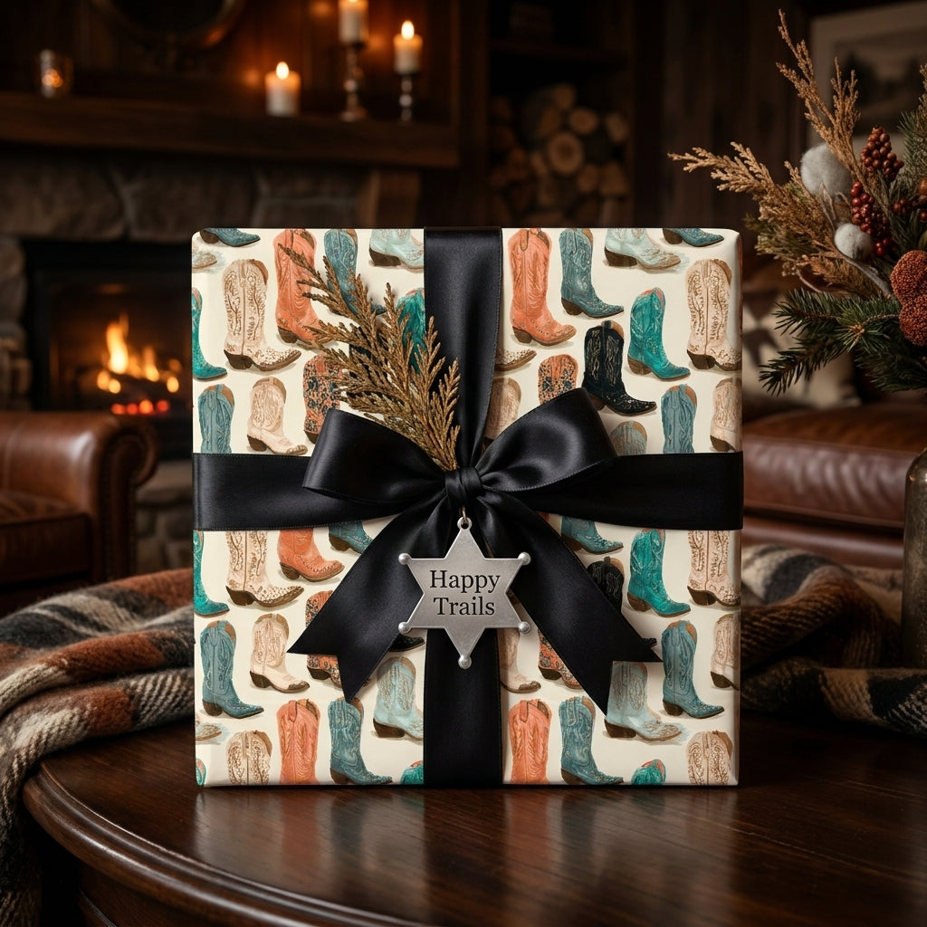 Rustic cowboy boot wrapping paper with black ribbon and Happy Trails star tag by Wrapped Studios.