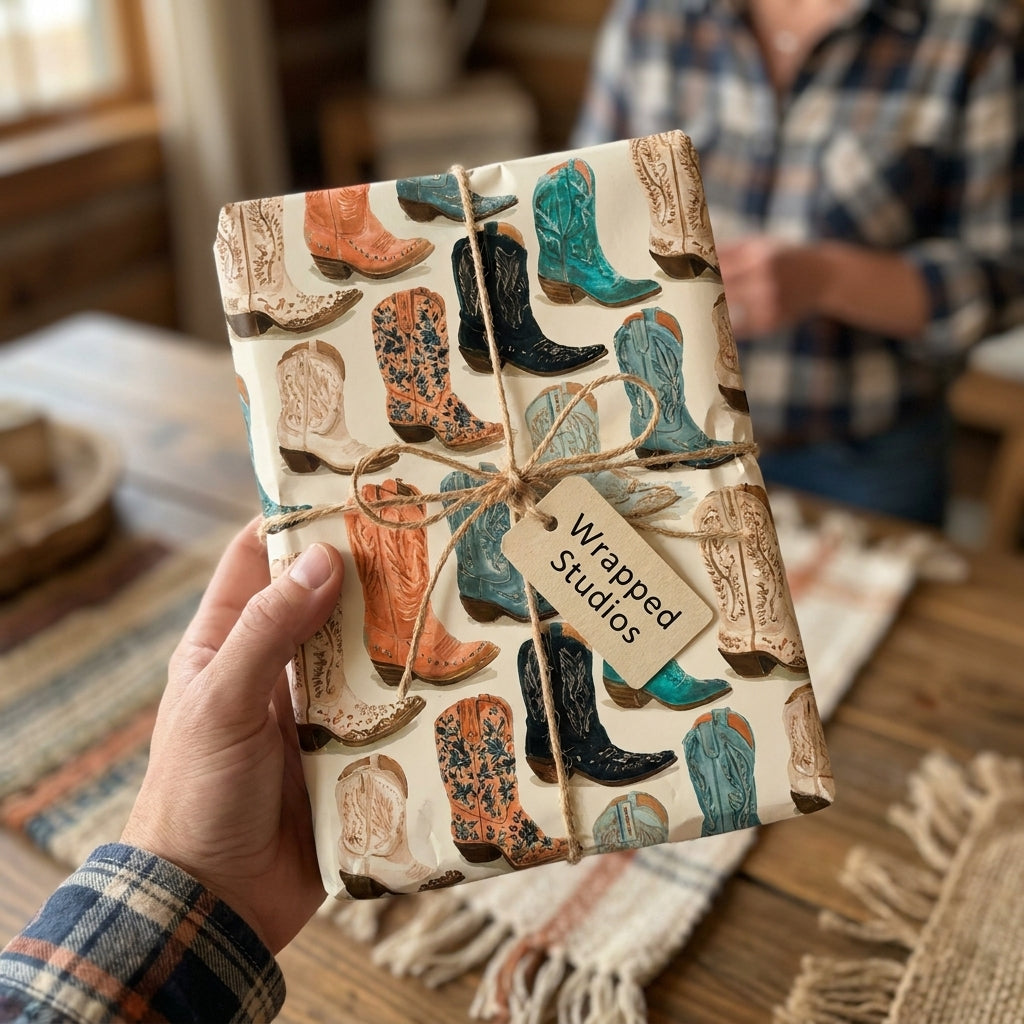 Cowboy boot wrapping paper from Wrapped Studios, tied with twine for a rustic western birthday gift wrap.