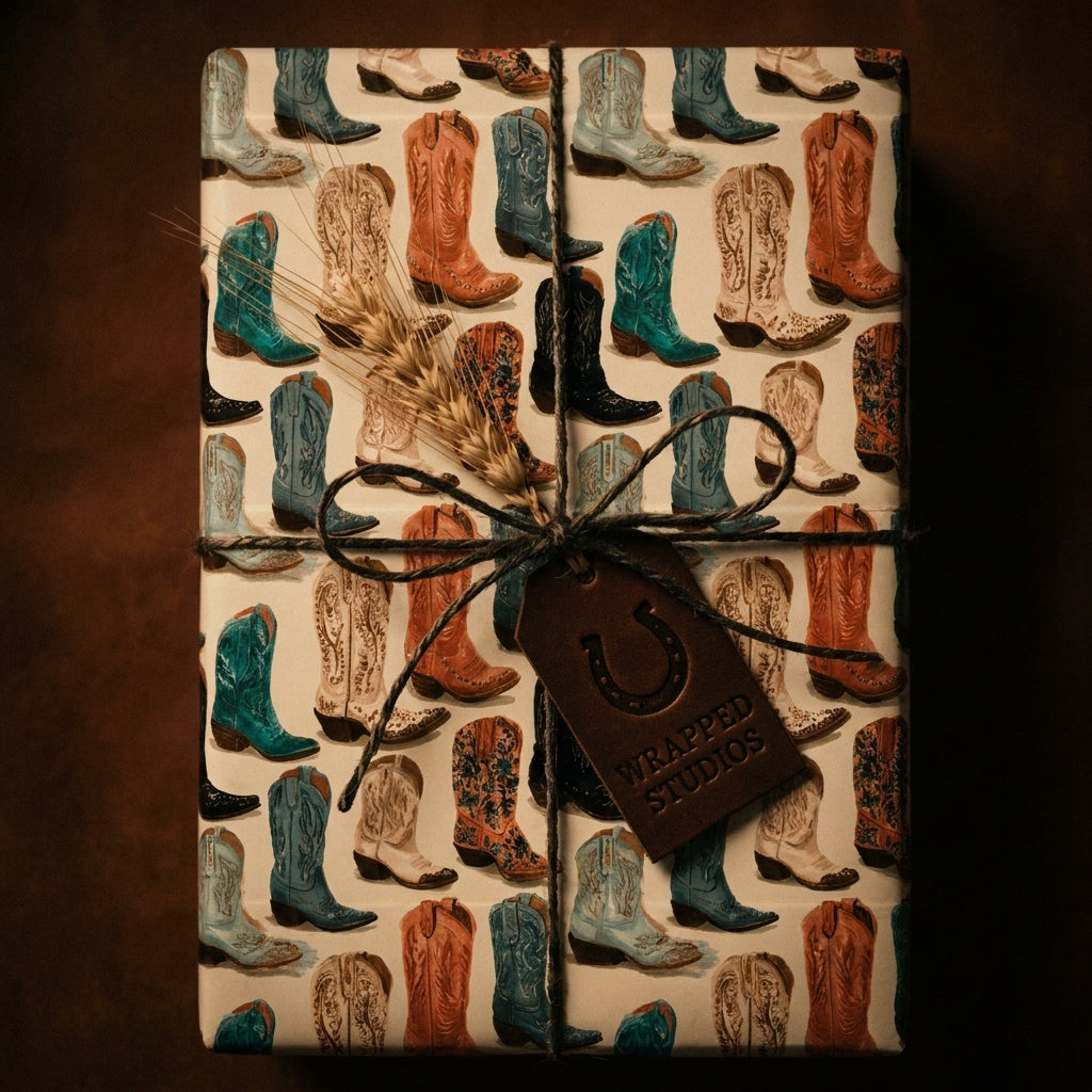 Rustic cowboy boot wrapping paper with twine and a horseshoe tag by Wrapped Studios.