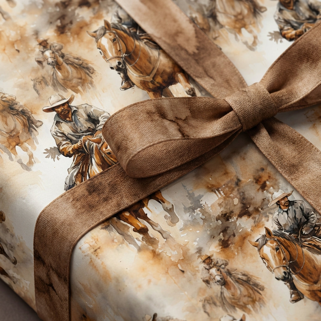 Gift box with cowboy and horse design and a brown ribbon.