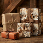 Gifts wrapped in western themed wrapping paper featuring cowboys on horseback with burlap ribbon accents.