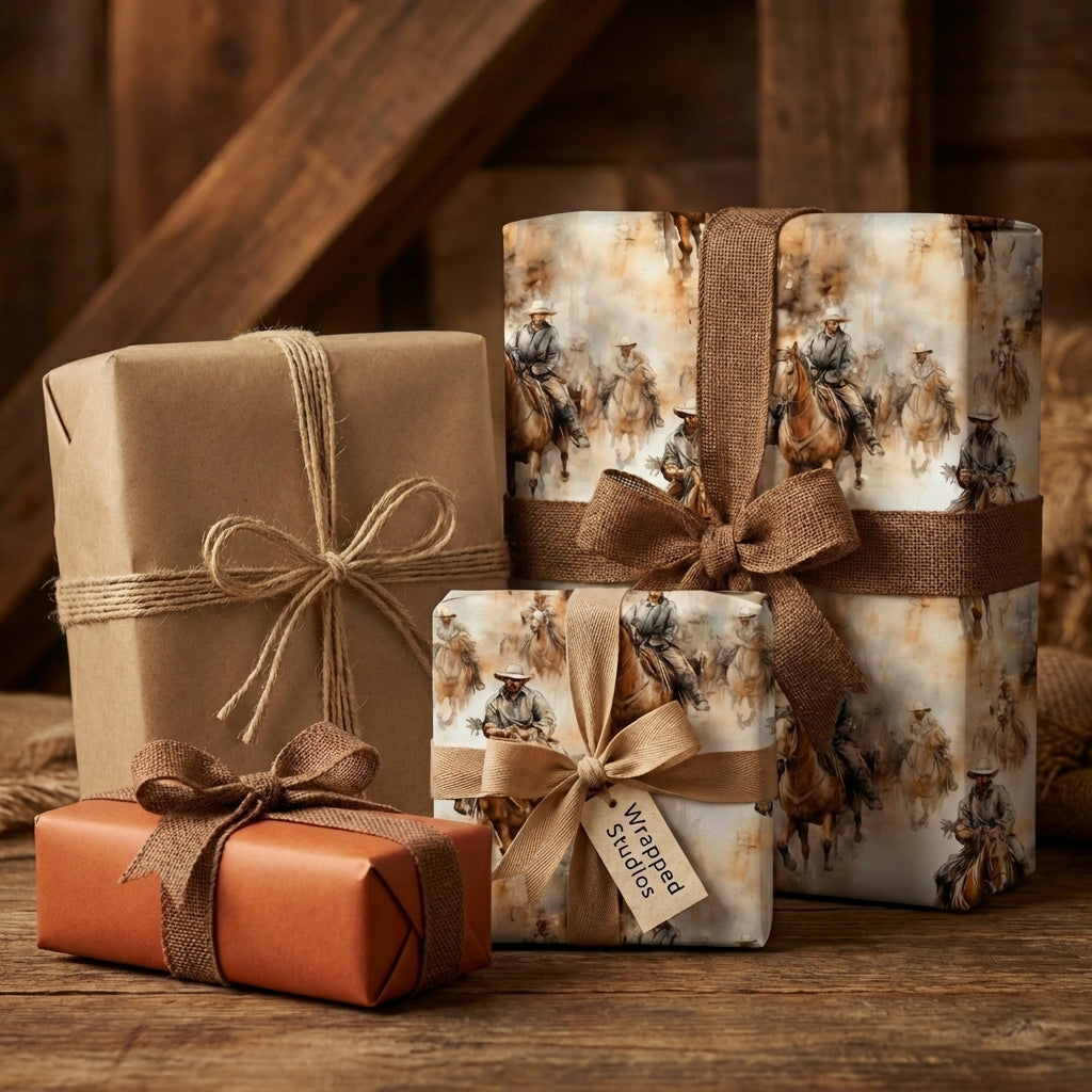Gifts wrapped in western themed wrapping paper featuring cowboys on horseback with burlap ribbon accents.