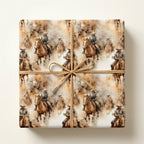 Western-themed gift wrap featuring cowboys on horseback with rustic raffia ribbon.
