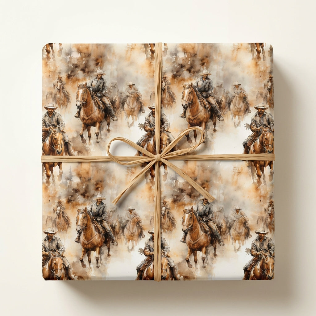 Western-themed gift wrap featuring cowboys on horseback with rustic raffia ribbon.