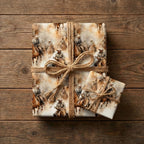 Western themed gift wrap with cowboys and horses, tied with rustic twine on wood.