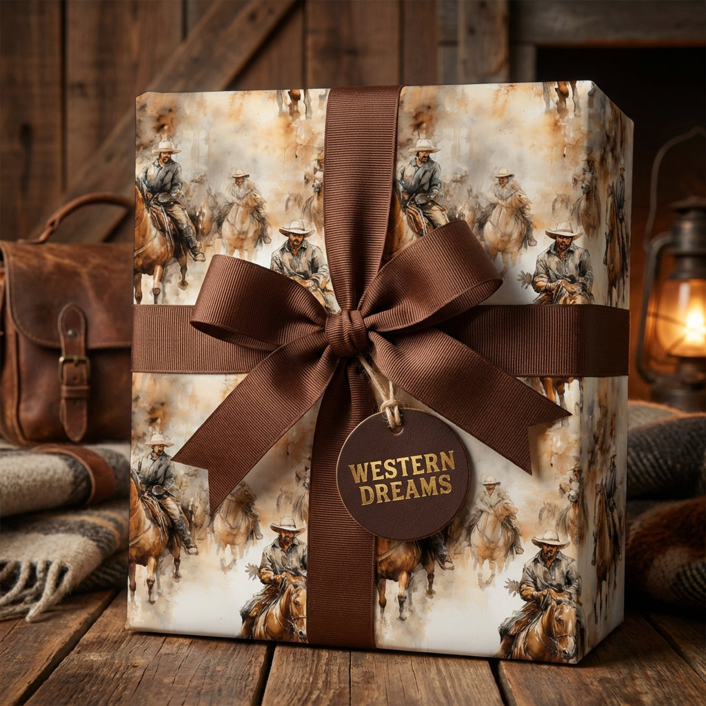 "Western Dreams" gift wrapped in cowboy-themed wrapping paper with a brown ribbon and rustic wooden background.