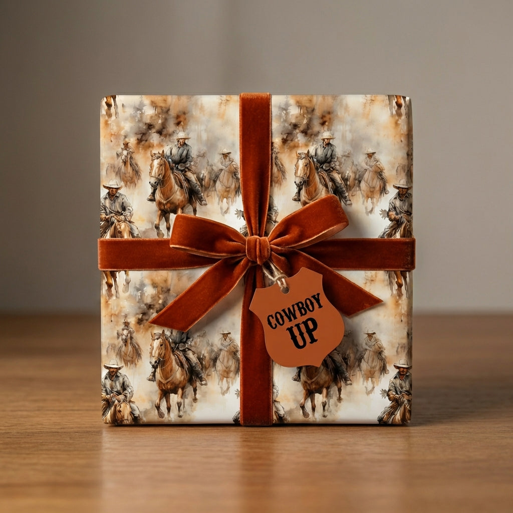 Gift wrapped in cowboy pattern paper with an orange velvet ribbon bow and "Cowboy Up" tag.