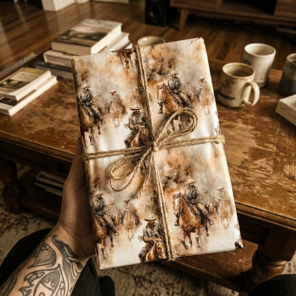 Cowboy wrapping paper: Gift wrapped with horse rider pattern and tied with rustic twine bow.