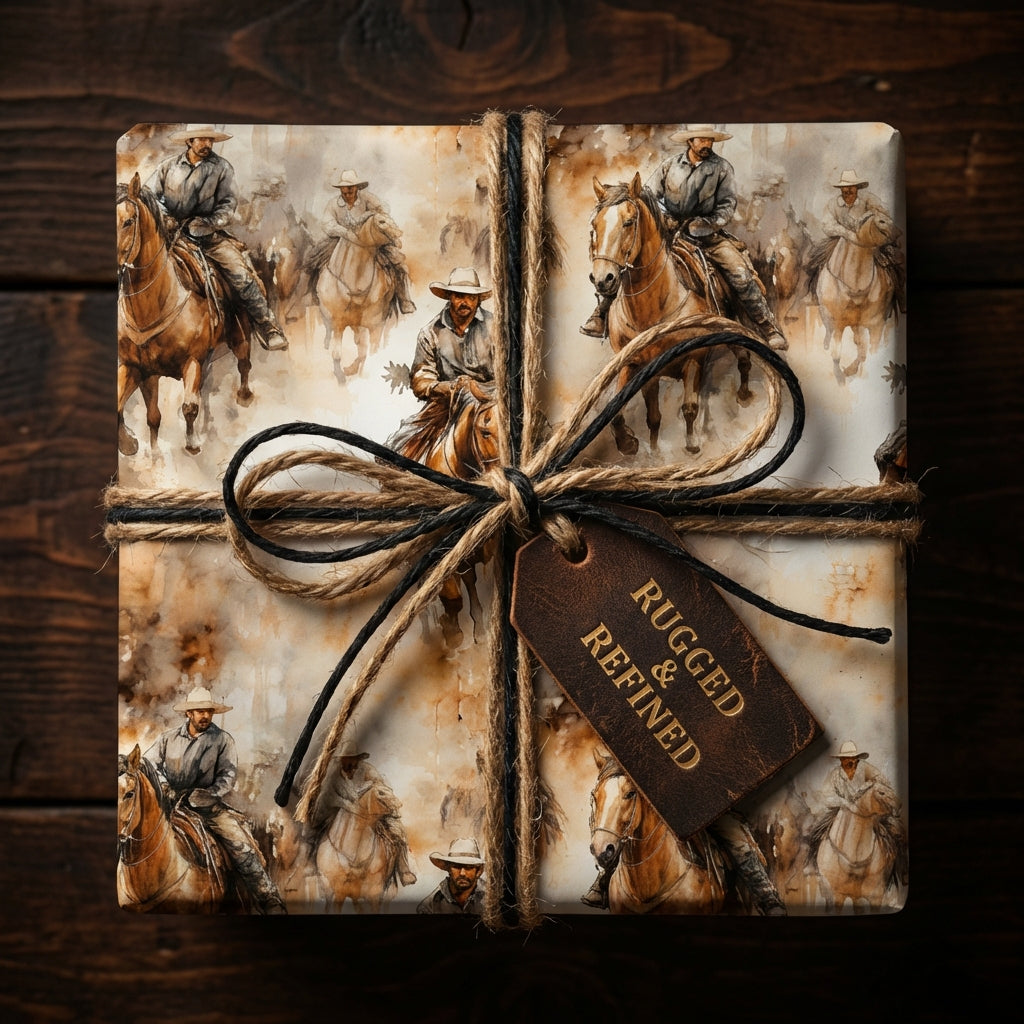 Square gift wrapped in vintage-style cowboy wrapping paper with twine and a leather tag.