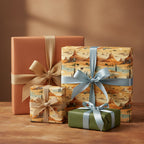 Gifts wrapped in rustic desert scene wrapping paper with burlap and light blue ribbons.