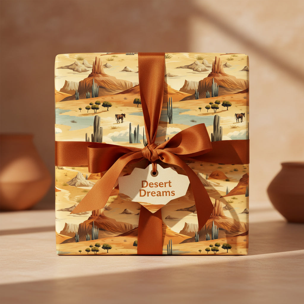 Gift box wrapped in desert-themed wrapping paper with a satin ribbon and a "Desert Dreams" tag.