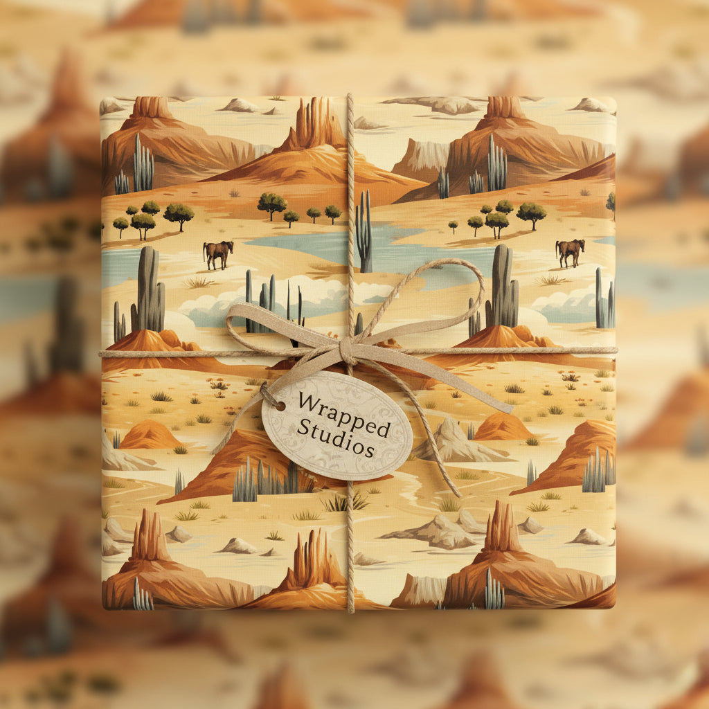 Gift box wrapped in desert landscape pattern paper, tied with a tan ribbon and a "Wrapped Studios" tag.