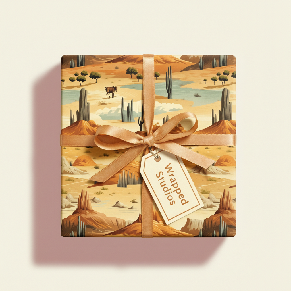 Gift wrapped in desert landscape wrapping paper with gold ribbon bow.