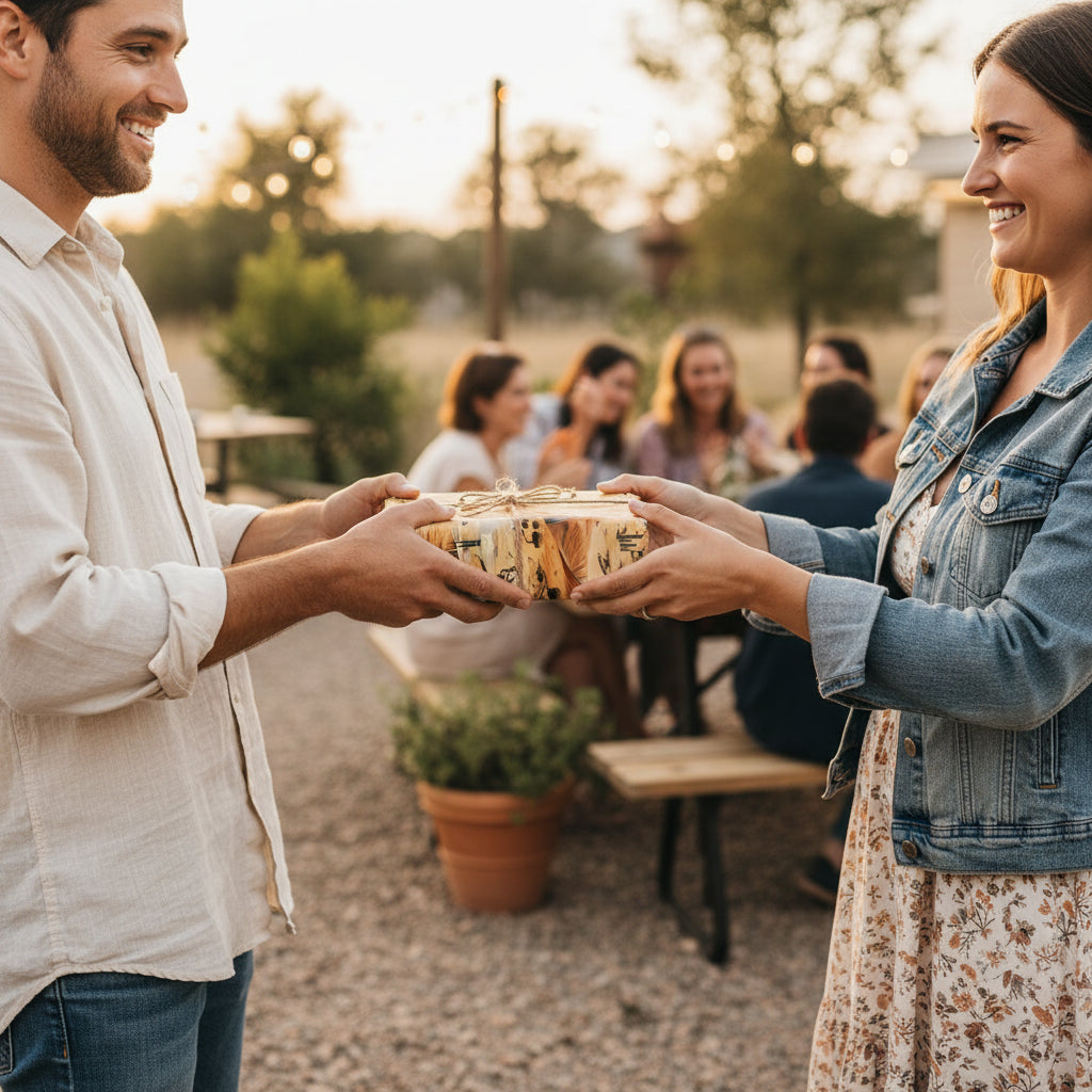 Woman receiving present wrapped in rustic patterned paper and tied with twine, at an outdoor party.