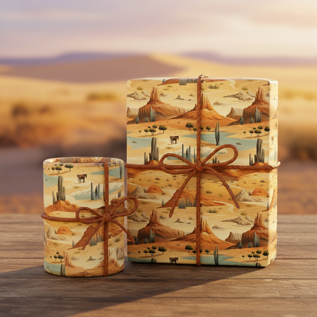 Gifts wrapped in tan Western-themed wrapping paper with cacti, mesas and horses, tied with brown rope on a wood surface.