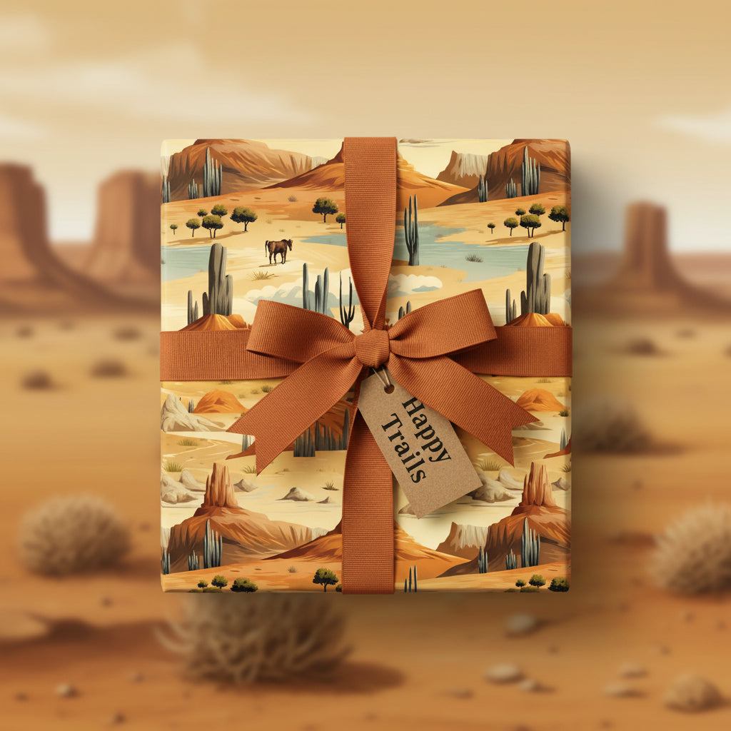 Western-themed wrapping paper featuring a desert landscape and a rustic orange bow, perfect for birthday gifts.