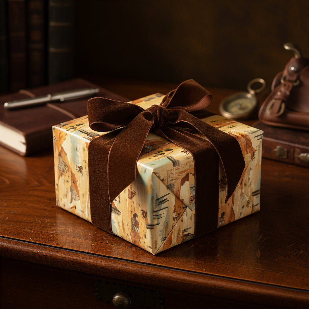 Abstract patterned luxury gift wrap with a brown velvet ribbon on a wooden desk.