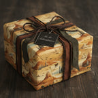 Unique gift wrapped in scenic desert wrapping paper with brown ribbon and "For the Adventurer" tag.