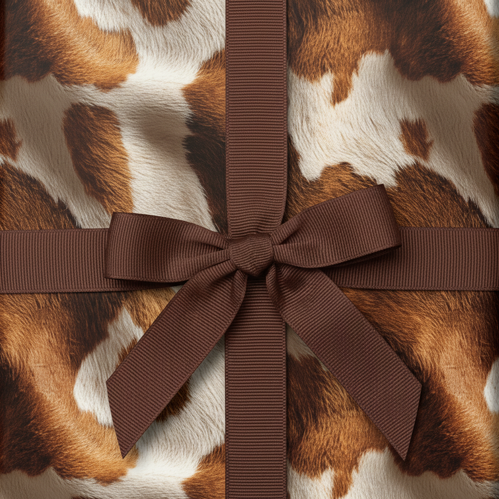 Brown ribbon on a cow print pattern wrapping paper, perfect for a rustic or country-themed gift.