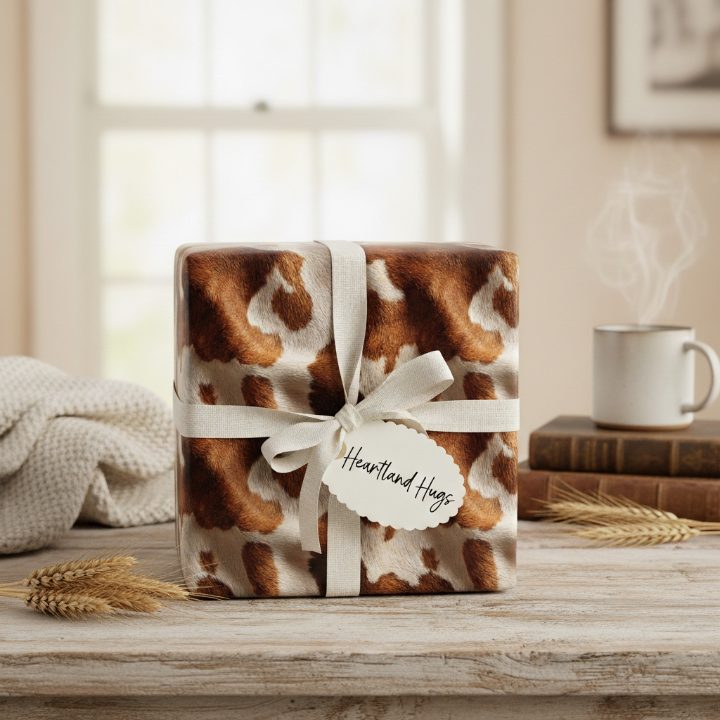 Rustic cowhide print wrapping paper with off-white ribbon and "Heartland Hugs" tag.