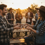 Person receiving a cowhide wrapped gift with a brown ribbon at a country party.
