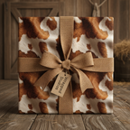 Gift box wrapped in cowhide-print paper with a burlap bow, perfect for rustic wrapping paper or western-themed presents.