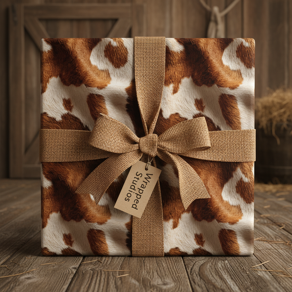 Gift box wrapped in cowhide-print paper with a burlap bow, perfect for rustic wrapping paper or western-themed presents.