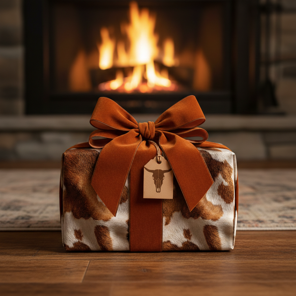 Rustic gift wrapped in brown and white cowhide-print wrapping paper with a velvet rust-colored ribbon and tag, beside a fireplace.